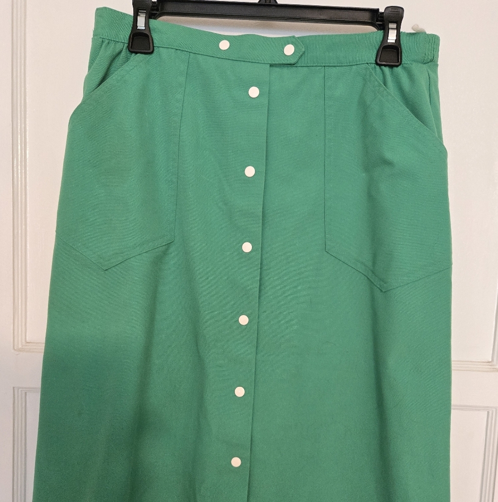 Koret Vintage Kelly Green Button-Front A-Line Skirt Pockets Size 10-12